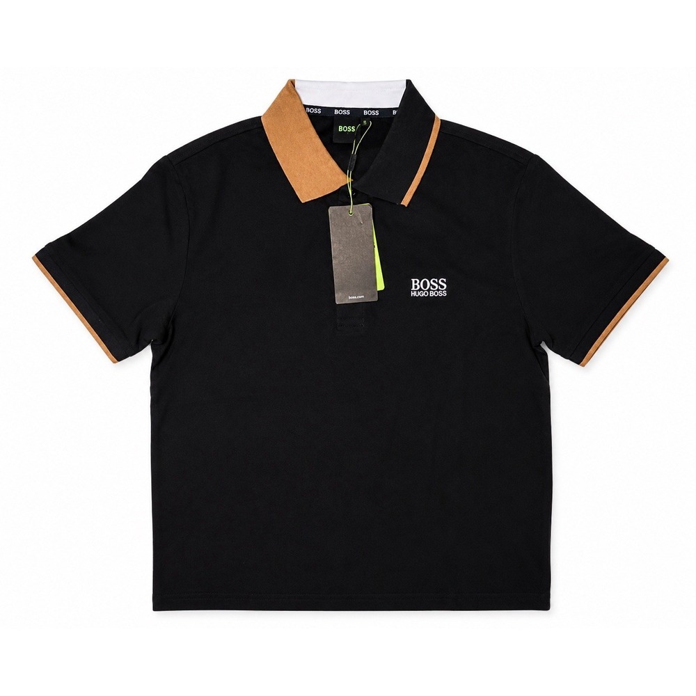 NWT BOSS Hugo Boss Men's Polo Shirt Small Black Tan Trim Short Sleeve Cotton